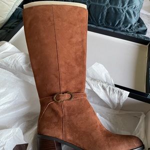 Suede saddle tan wide calf tall boots